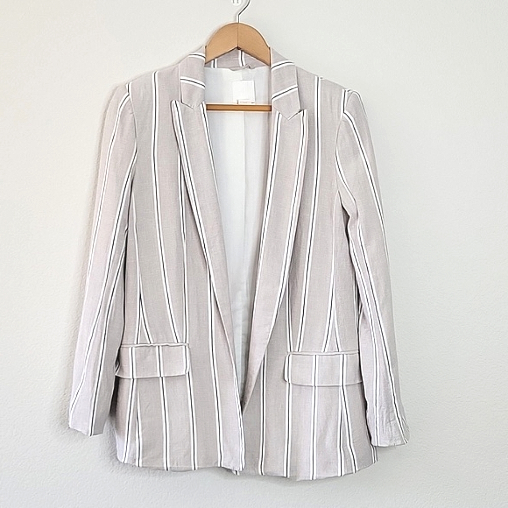 H&M Gray White Black Linen Blend Long Sleeve Blazer Jacket size 6